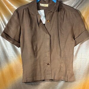 Vintage 60’s cotton Peter‎ Pan color/sleeves Chic Brown Short Sleeve Blouse GG